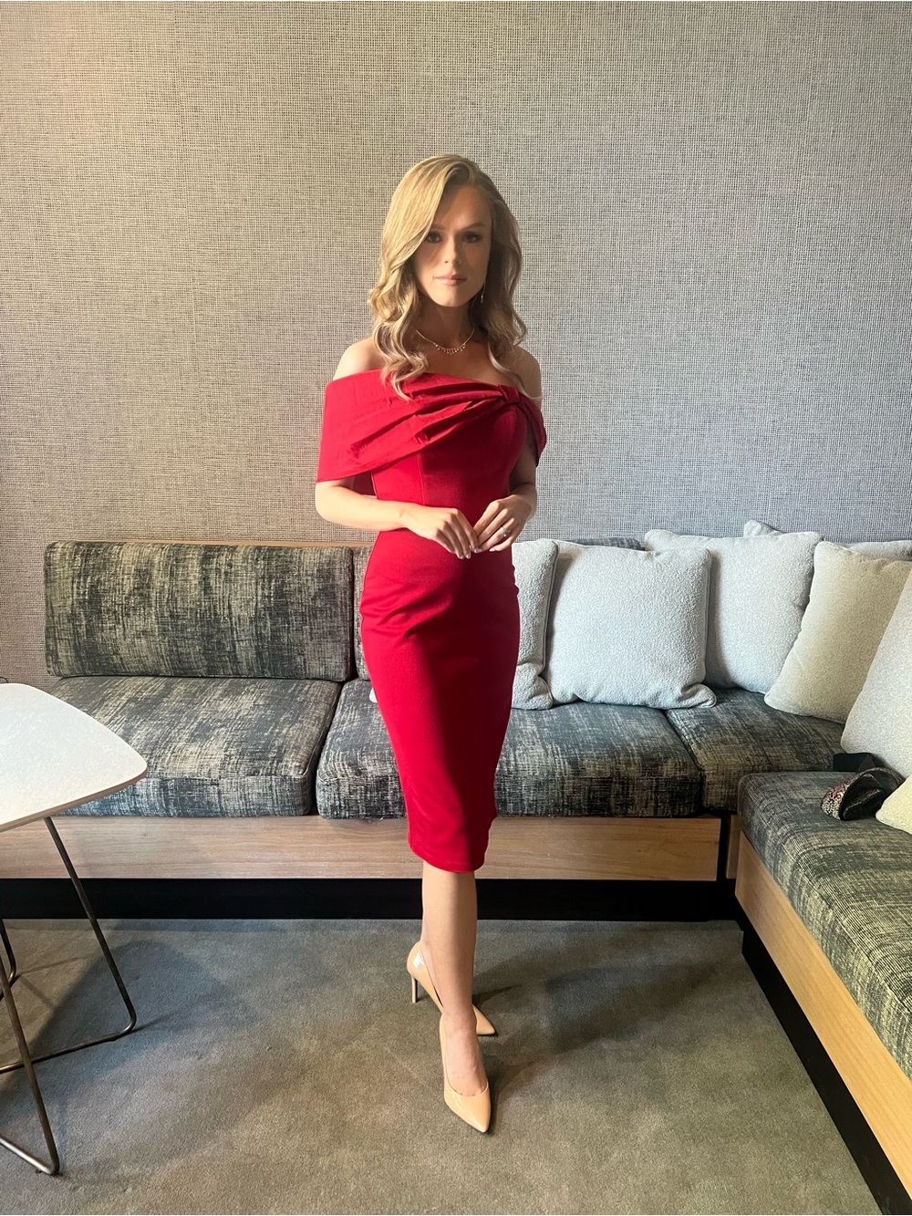 Off-Shoulder Red Midi Dress